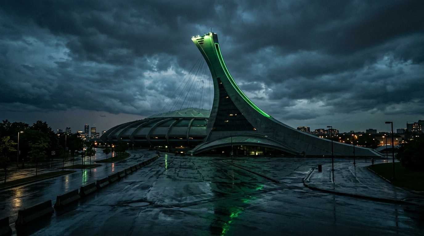 Montreal Olympic Stadium at dusk